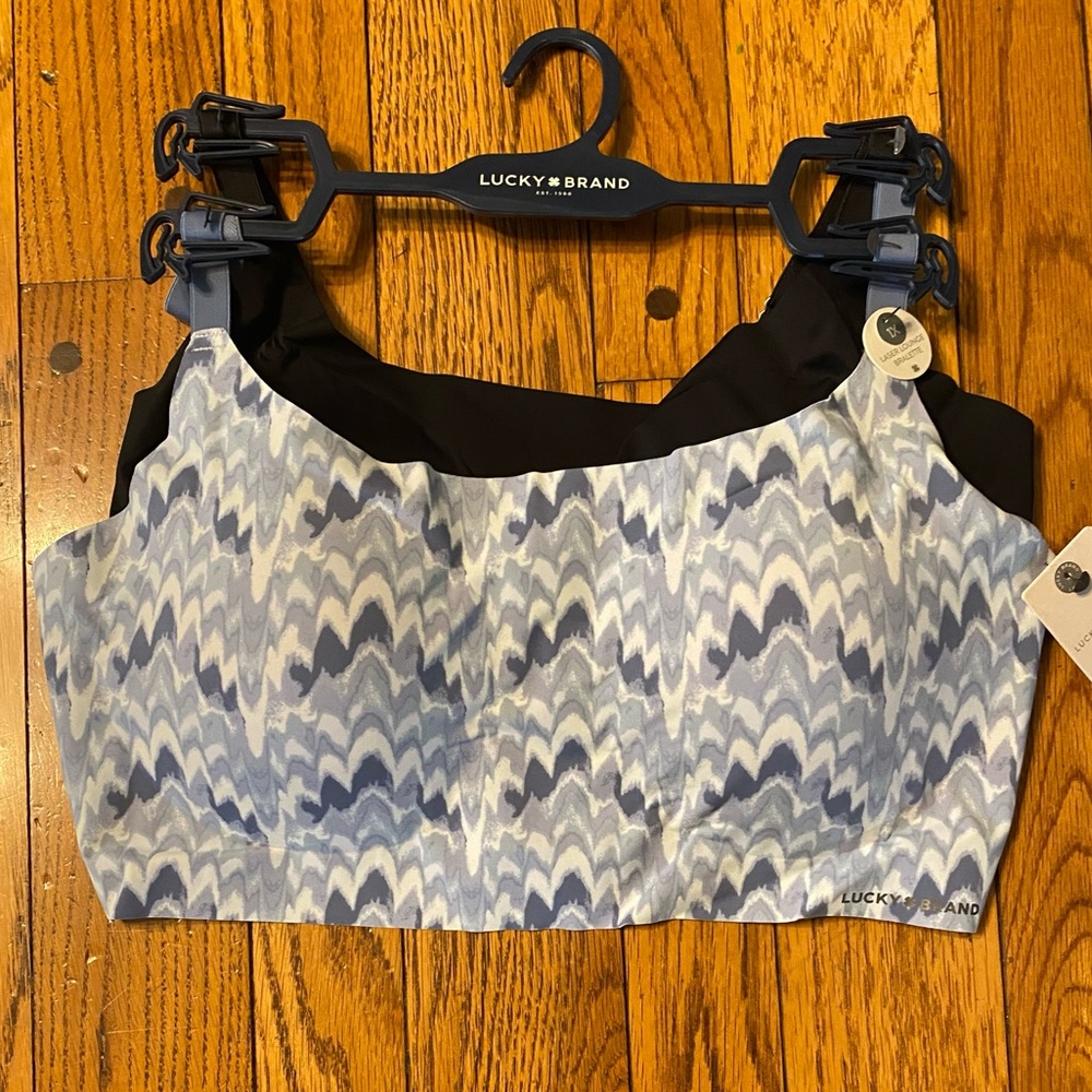 Lucky Brand blue watercolor and black smooth laser cut lounge sport bras